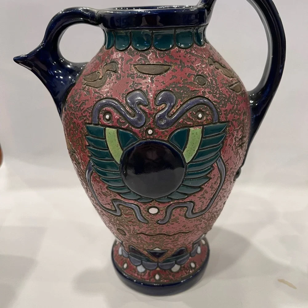Antique Amphora ceramic vase Egypt art deco nouveau Czechoslovakia Marked Signed - Picture 3 of 16